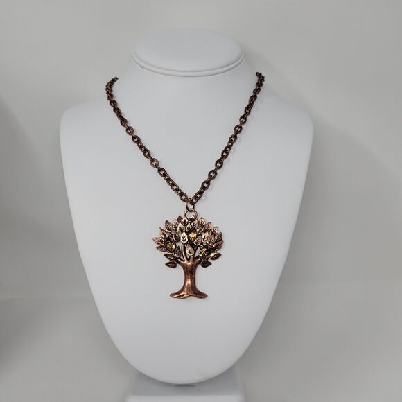 Tree of Life Necklace Bracelet Set Dark Coppertone Matinee Faceted Glass Beads - Picture 3 of 8